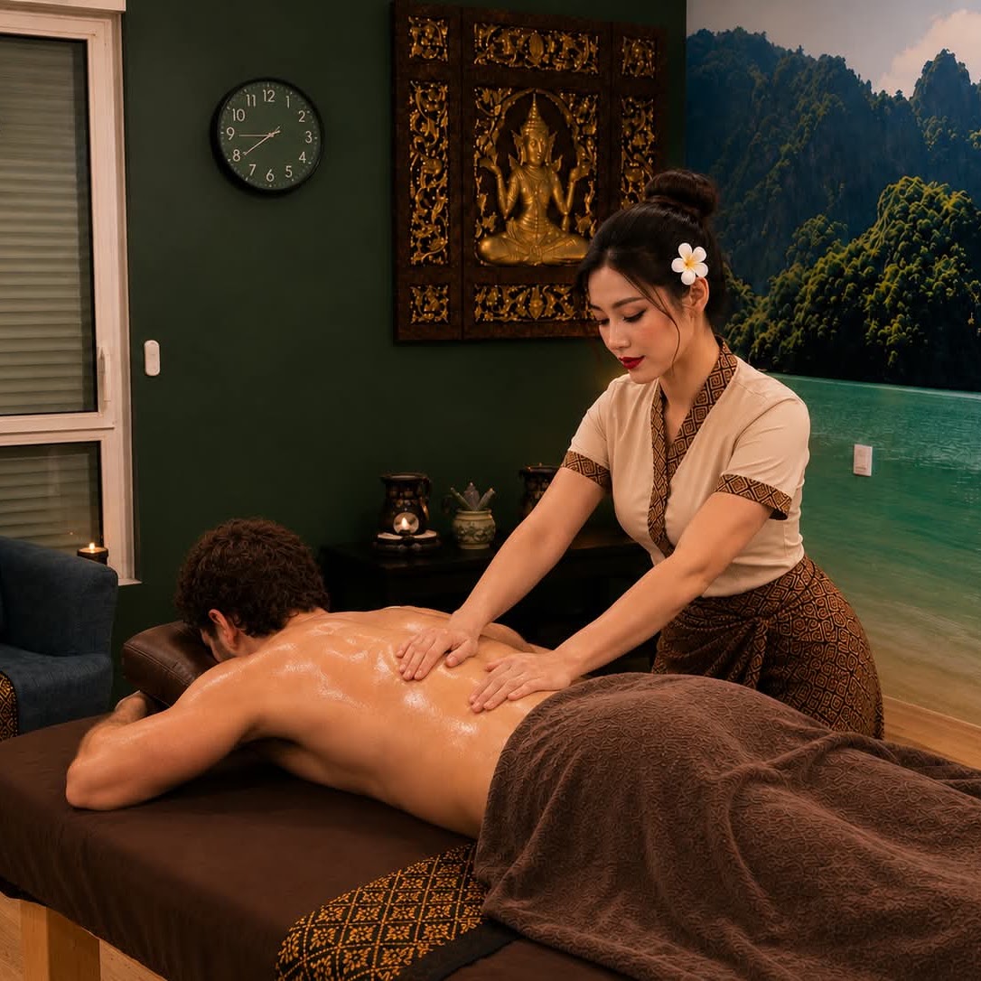 Massage aux huiles chaudes dans une cabine à la lumière tamisée
